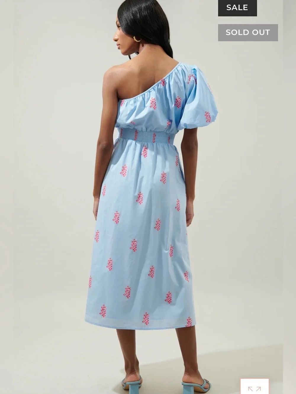 SUGARLIPS Gelato Baby Blue Pink Floral Bridgette Cotton One Shoulder Midi Dress - Picture 4 of 13